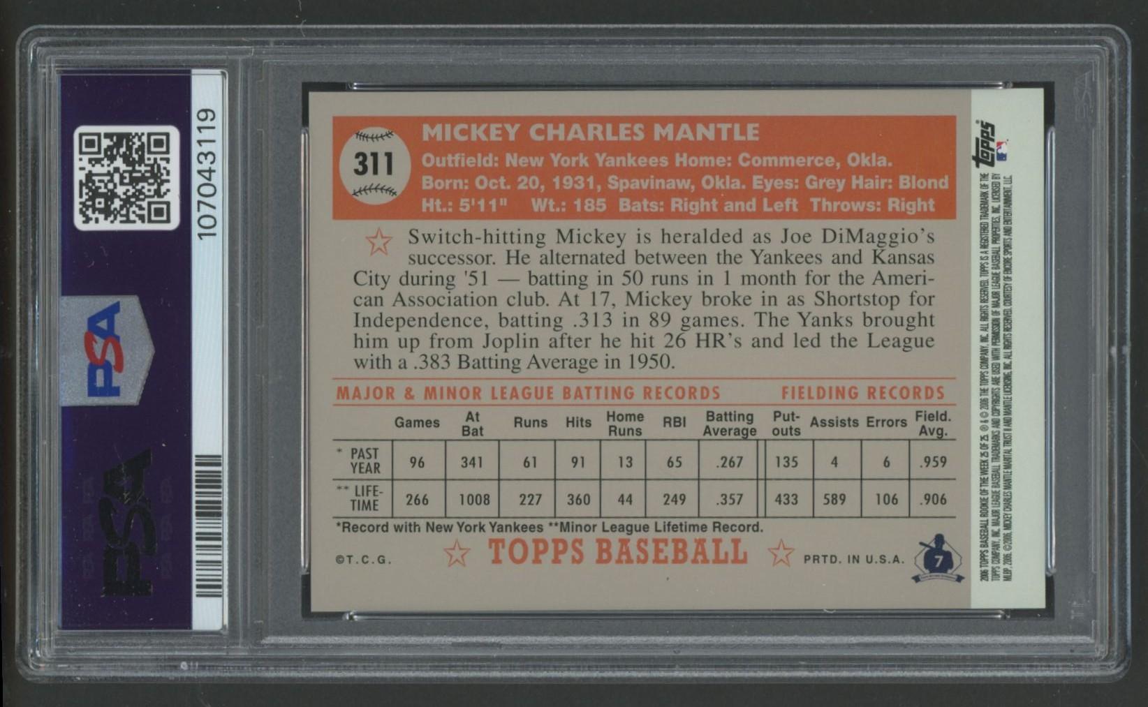 Mickey Mantle 2006 Topps Rookie of the Week #25 (PSA 10) at PristineAuction.com Mickey Mantle 2006 Topps Rookie of the Week #25 (PSA 10) at PristineAuction.com