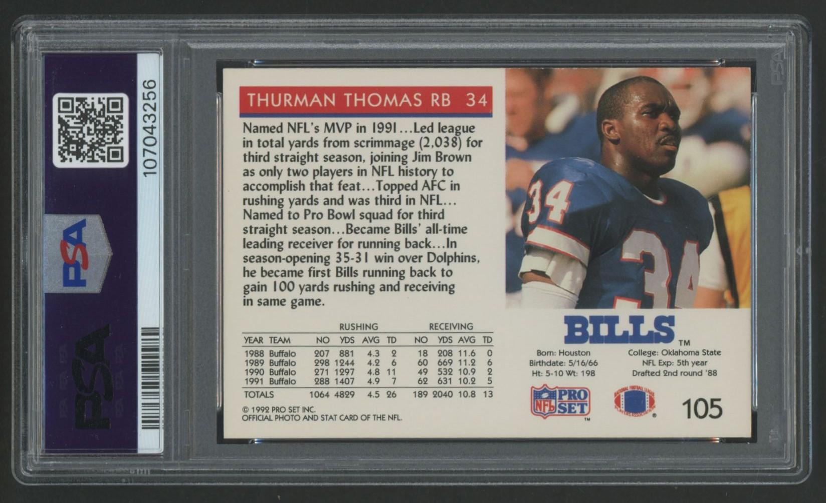 Thurman Thomas 2023 Leaf Pro Set Memories Autographs / '92 Pro Set #105 #15/59 (PSA 8) at PristineAuction.com Thurman Thomas 2023 Leaf Pro Set Memories Autographs / '92 Pro Set #105 #15/59 (PSA 8) at PristineAuction.com