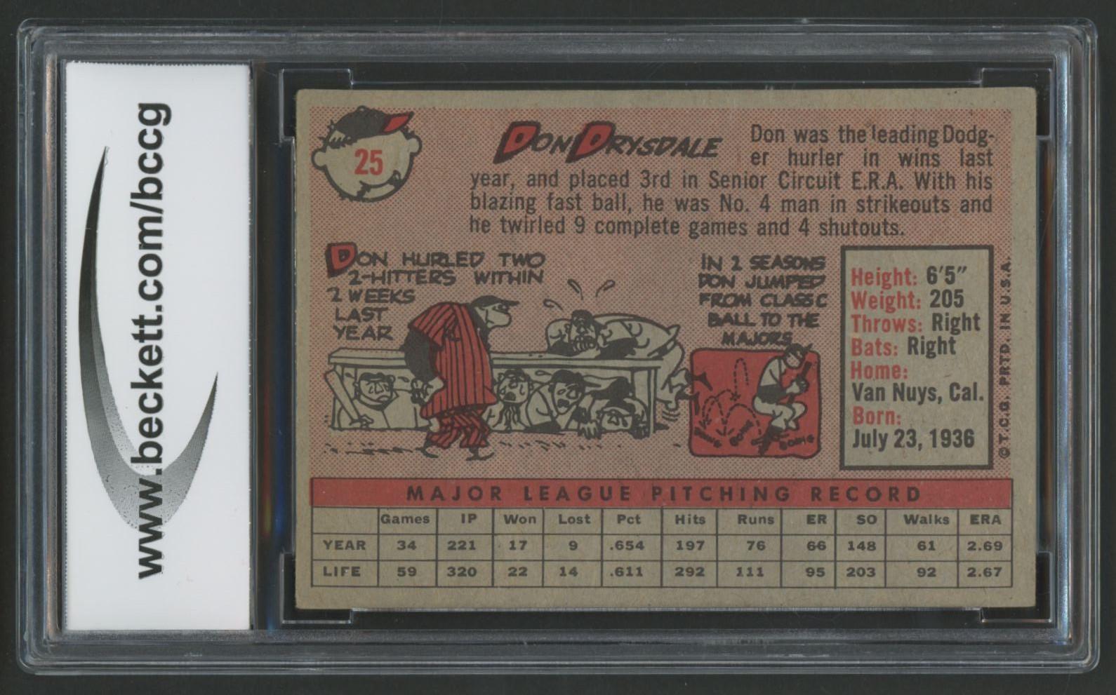 Don Drysdale 1958 Topps #25 (BCCG 7) at PristineAuction.com Don Drysdale 1958 Topps #25 (BCCG 7) at PristineAuction.com