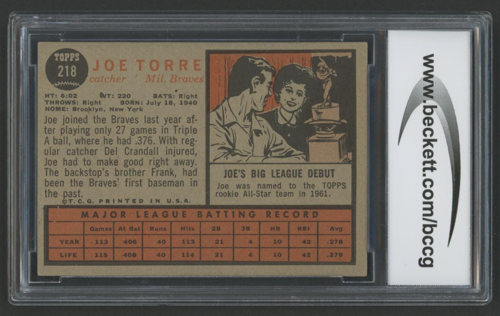 Joe Torre 1962 Topps #218 RC (BCCG 8) at PristineAuction.com Joe Torre 1962 Topps #218 RC (BCCG 8) at PristineAuction.com
