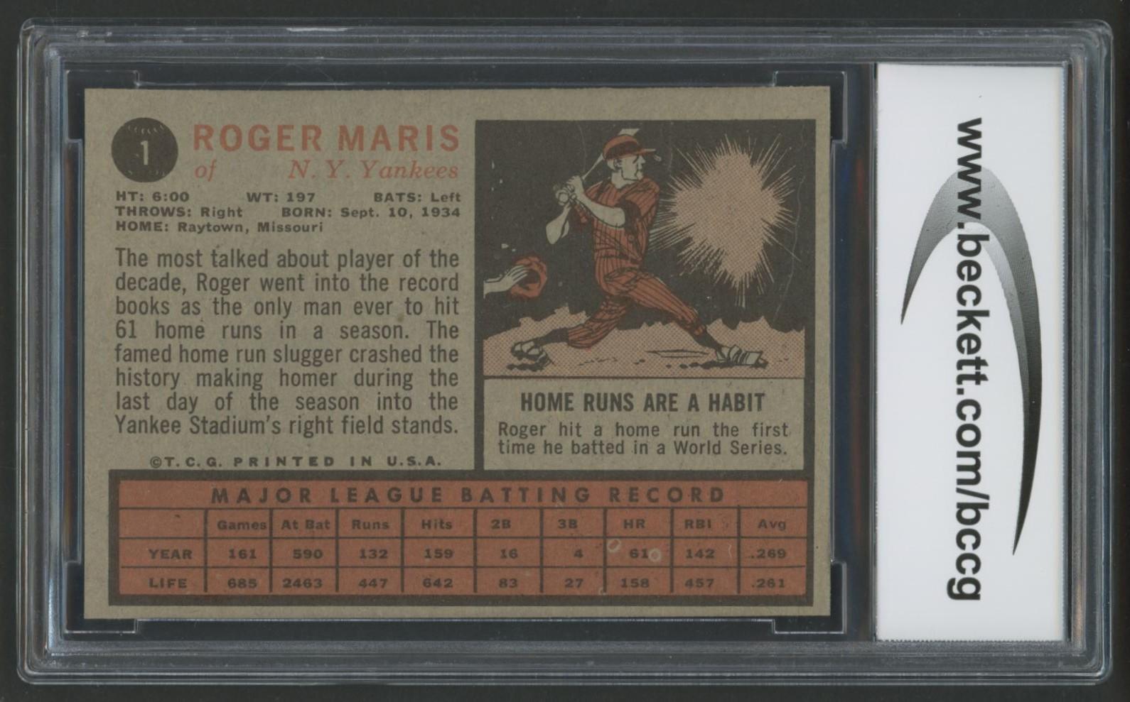 Roger Maris 1962 Topps #1 (BCCG 8) at PristineAuction.com Roger Maris 1962 Topps #1 (BCCG 8) at PristineAuction.com