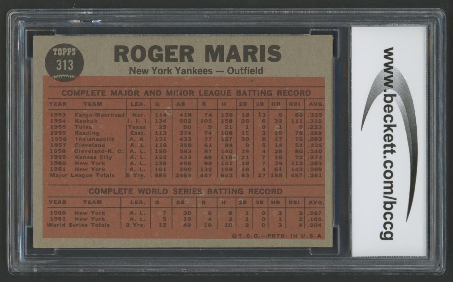 Roger Maris 1962 Topps #313 IA (BCCG 8) at PristineAuction.com Roger Maris 1962 Topps #313 IA (BCCG 8) at PristineAuction.com
