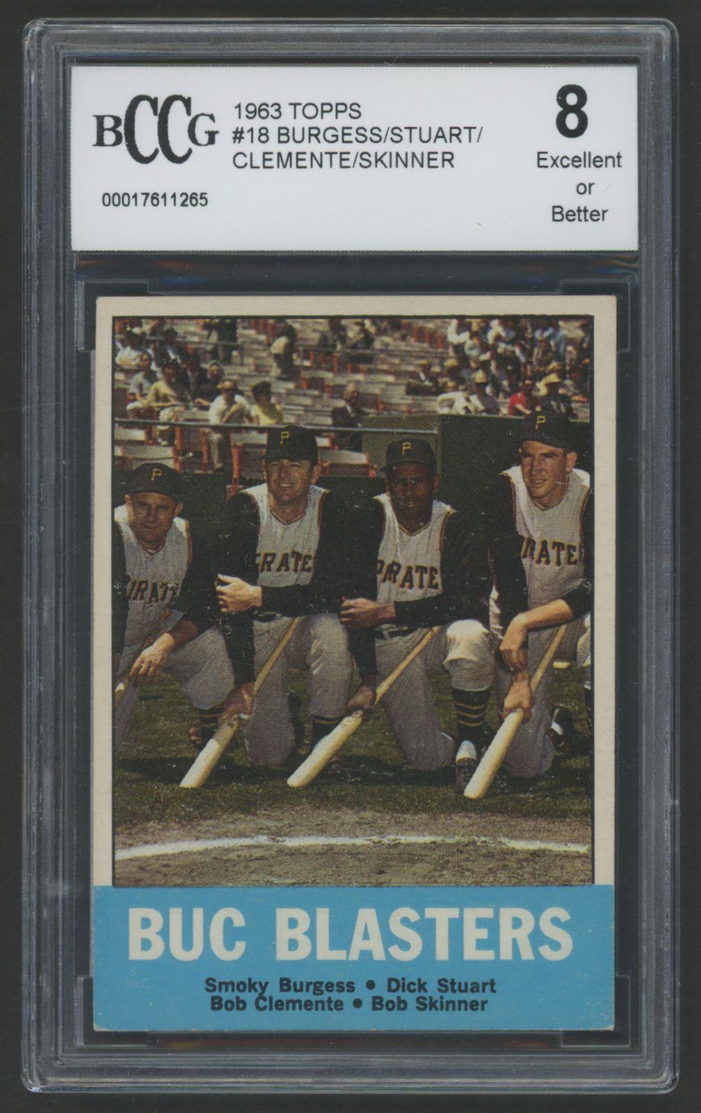 Smoky Burgess / Dick Stuart / Roberto Clemente / Bob Skinner 1963 Topps Buc Blasters #18 (BCCG 8) at PristineAuction.com Smoky Burgess / Dick Stuart / Roberto Clemente / Bob Skinner 1963 Topps Buc Blasters #18 (BCCG 8) at PristineAuction.com