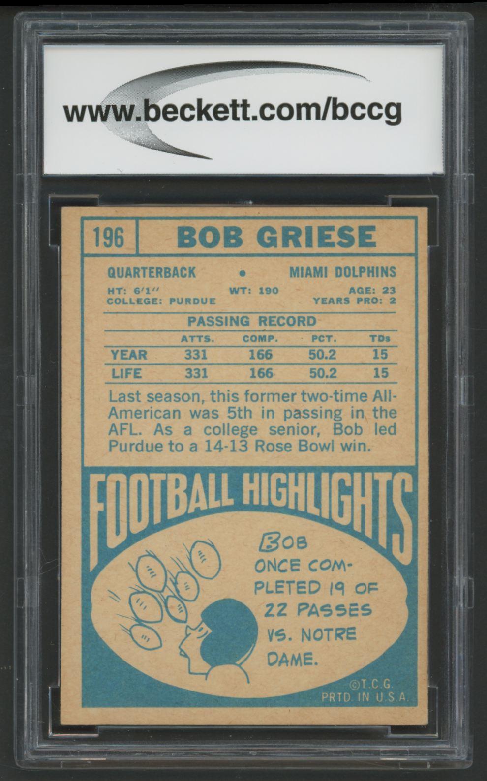 Bob Griese 1968 Topps #196 RC (BCCG 8) at PristineAuction.com Bob Griese 1968 Topps #196 RC (BCCG 8) at PristineAuction.com