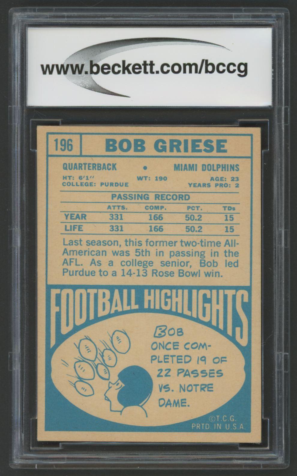 Bob Griese 1968 Topps #196 RC (BCCG 8) at PristineAuction.com Bob Griese 1968 Topps #196 RC (BCCG 8) at PristineAuction.com