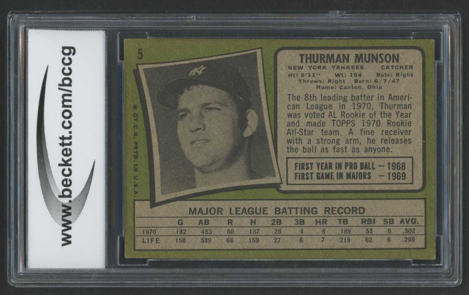 Thurman Munson 1971 Topps #5 (BCCG 8) at PristineAuction.com Thurman Munson 1971 Topps #5 (BCCG 8) at PristineAuction.com