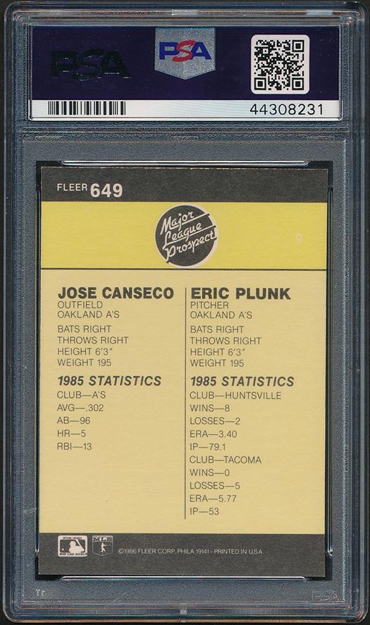 Jose Canseco Signed 1986 Fleer #649 RC (PSA 8 | Autograph Graded 10) at PristineAuction.com Jose Canseco Signed 1986 Fleer #649 RC (PSA 8 | Autograph Graded 10) at PristineAuction.com
