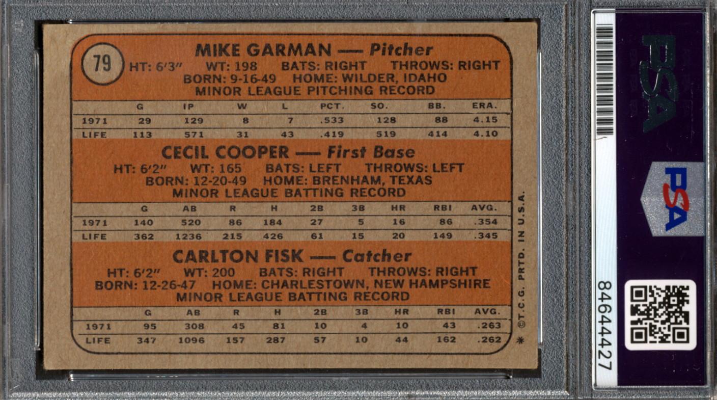 Carlton Fisk Signed Mike Garman / Cecil Cooper RC / Carlton Fisk RC 1972 Topps Rookie Stars #79 (PSA) at PristineAuction.com Carlton Fisk Signed Mike Garman / Cecil Cooper RC / Carlton Fisk RC 1972 Topps Rookie Stars #79 (PSA) at PristineAuction.com