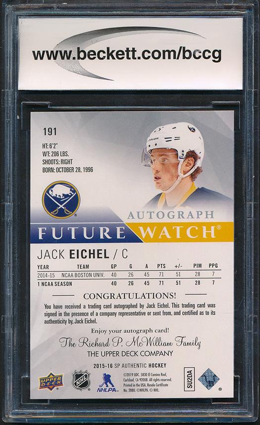 Jack Eichel 2015-16 SP Authentic AU #191B RC #407/999 (BCCG 9) at PristineAuction.com Jack Eichel 2015-16 SP Authentic AU #191B RC #407/999 (BCCG 9) at PristineAuction.com