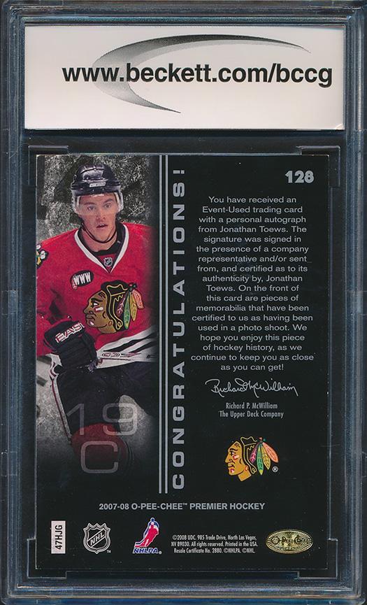 Jonathan Toews 2007-08 OPC Premier JSY AU #128 #225/299 RC (BCCG 10) at PristineAuction.com Jonathan Toews 2007-08 OPC Premier JSY AU #128 #225/299 RC (BCCG 10) at PristineAuction.com
