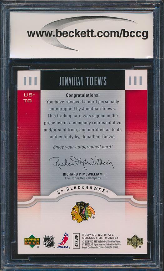 Jonathan Toews 2007-08 Ultimate Collection Signatures #USTO (BCCG 10) at PristineAuction.com Jonathan Toews 2007-08 Ultimate Collection Signatures #USTO (BCCG 10) at PristineAuction.com
