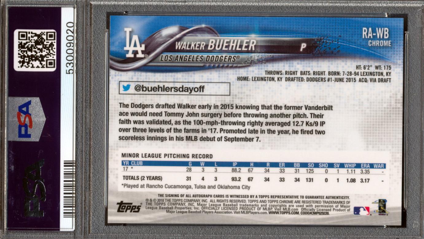Walker Buehler 2018 Topps Chrome Rookie Autographs #RAWB (PSA 10) at PristineAuction.com Walker Buehler 2018 Topps Chrome Rookie Autographs #RAWB (PSA 10) at PristineAuction.com
