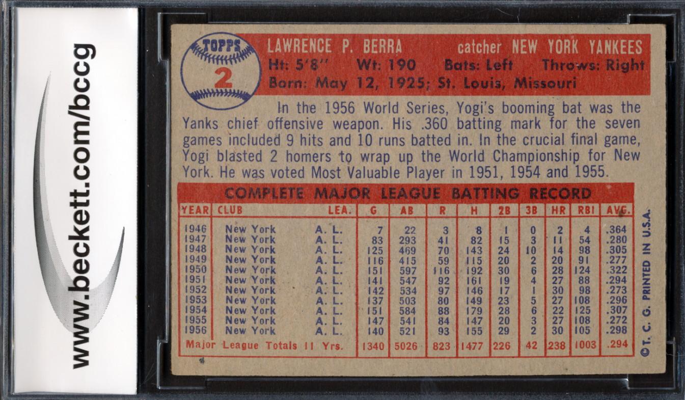 Yogi Berra 1957 Topps #2 (BCCG 8) at PristineAuction.com Yogi Berra 1957 Topps #2 (BCCG 8) at PristineAuction.com
