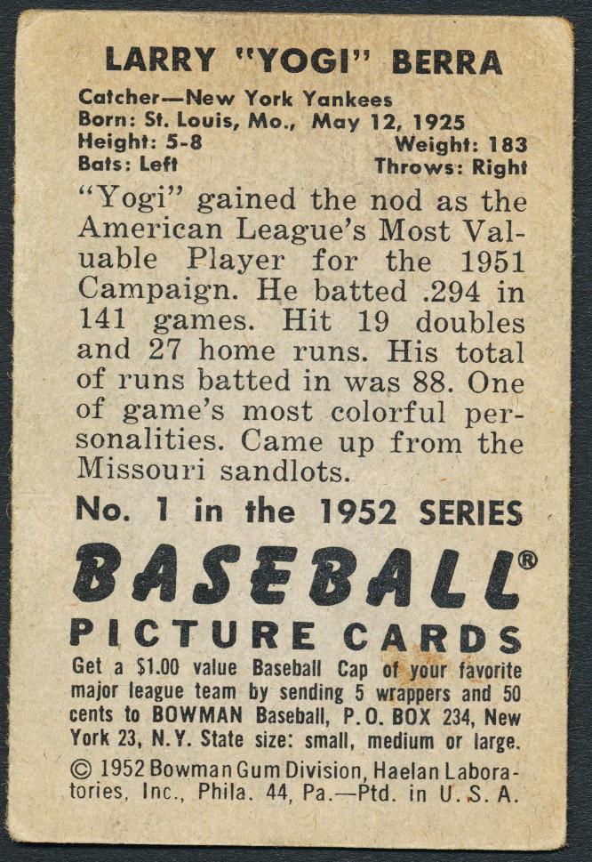 Yogi Berra 1952 Bowman #1 at PristineAuction.com Yogi Berra 1952 Bowman #1 at PristineAuction.com