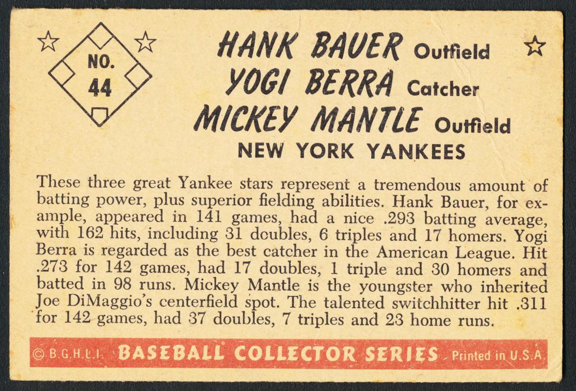 Yogi Berra / Hank Bauer / Mickey Mantle 1953 Bowman Color #44 at PristineAuction.com Yogi Berra / Hank Bauer / Mickey Mantle 1953 Bowman Color #44 at PristineAuction.com