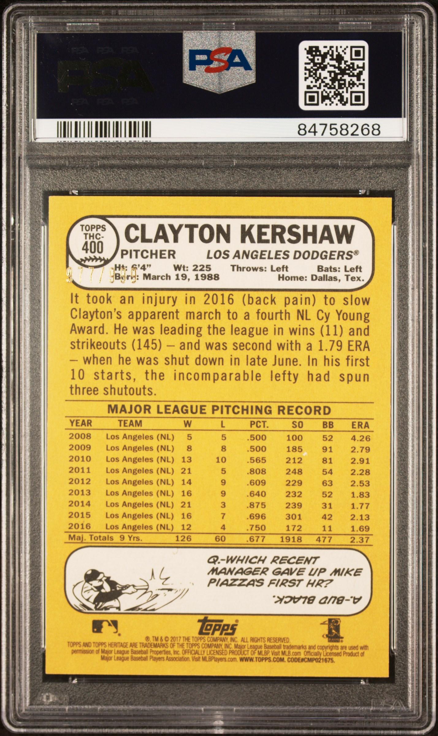 Clayton Kershaw 2017 Topps Heritage Chrome #400 #/999 (PSA 10) at PristineAuction.com Clayton Kershaw 2017 Topps Heritage Chrome #400 #/999 (PSA 10) at PristineAuction.com