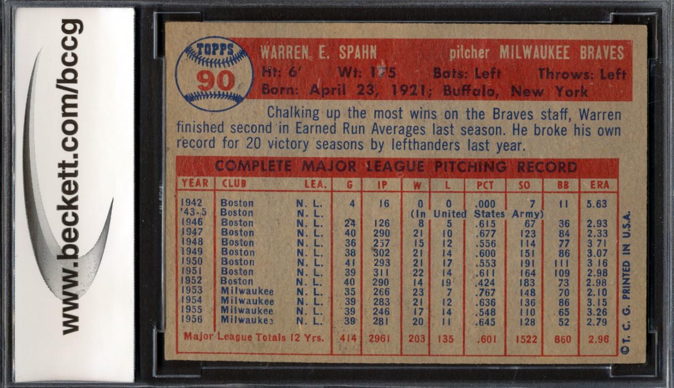 Warren Spahn 1957 Topps #90 (BCCG 6) at PristineAuction.com Warren Spahn 1957 Topps #90 (BCCG 6) at PristineAuction.com