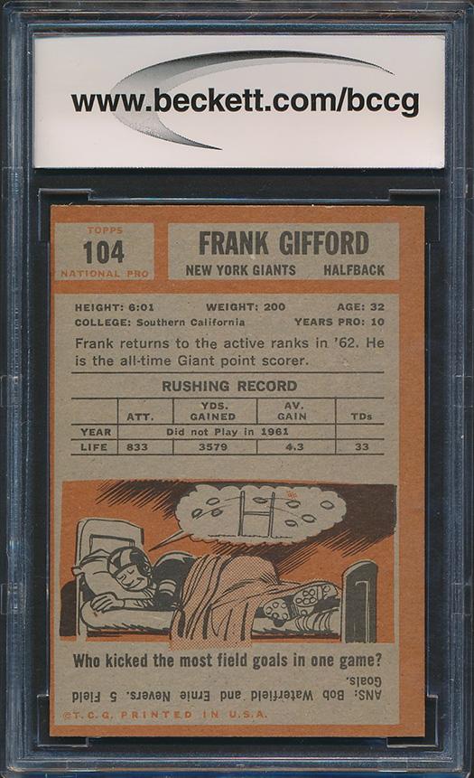 Frank Gifford 1962 Topps #104 (BCCG 9) at PristineAuction.com Frank Gifford 1962 Topps #104 (BCCG 9) at PristineAuction.com