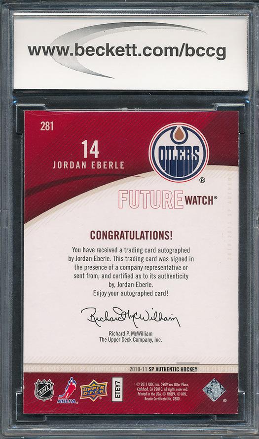 Jordan Eberle 2010-11 SP Authentic AU #281 #608/999 RC (BCCG 10) at PristineAuction.com Jordan Eberle 2010-11 SP Authentic AU #281 #608/999 RC (BCCG 10) at PristineAuction.com