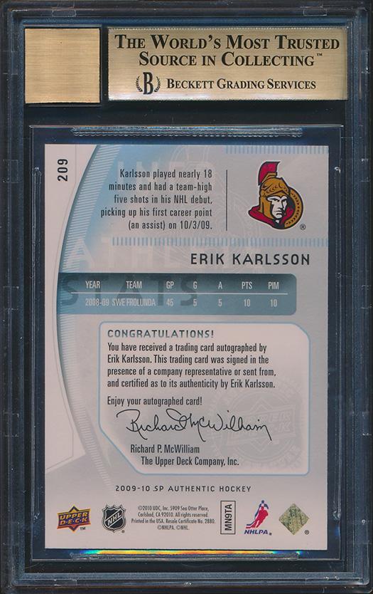 Erik Karlsson 2009-10 SP Authentic AU #209 #61/999 RC (BGS 9.5 | Autograph Graded 9) at PristineAuction.com Erik Karlsson 2009-10 SP Authentic AU #209 #61/999 RC (BGS 9.5 | Autograph Graded 9) at PristineAuction.com