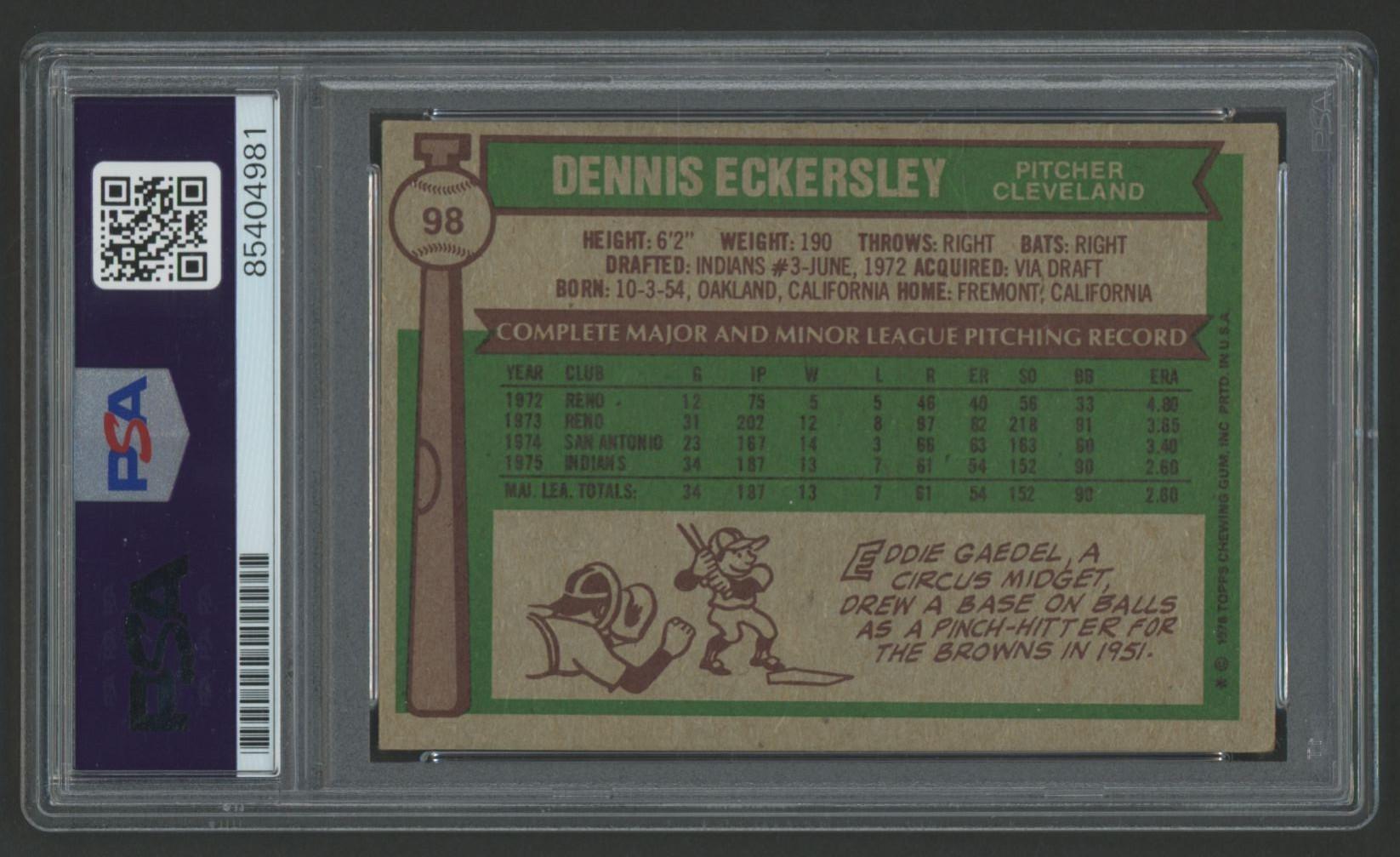 Dennis Eckersley Signed 1976 Topps #98 RC (PSA) at PristineAuction.com Dennis Eckersley Signed 1976 Topps #98 RC (PSA) at PristineAuction.com