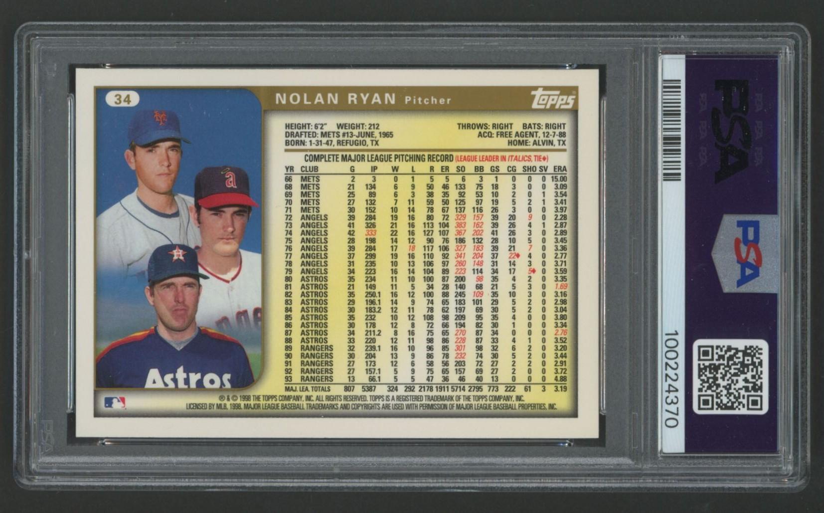 Nolan Ryan 1999 Topps #34 (PSA 10) at PristineAuction.com Nolan Ryan 1999 Topps #34 (PSA 10) at PristineAuction.com