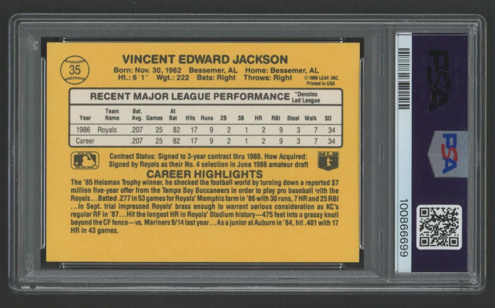 Bo Jackson 1987 Donruss RR #35 (PSA 9) at PristineAuction.com Bo Jackson 1987 Donruss RR #35 (PSA 9) at PristineAuction.com