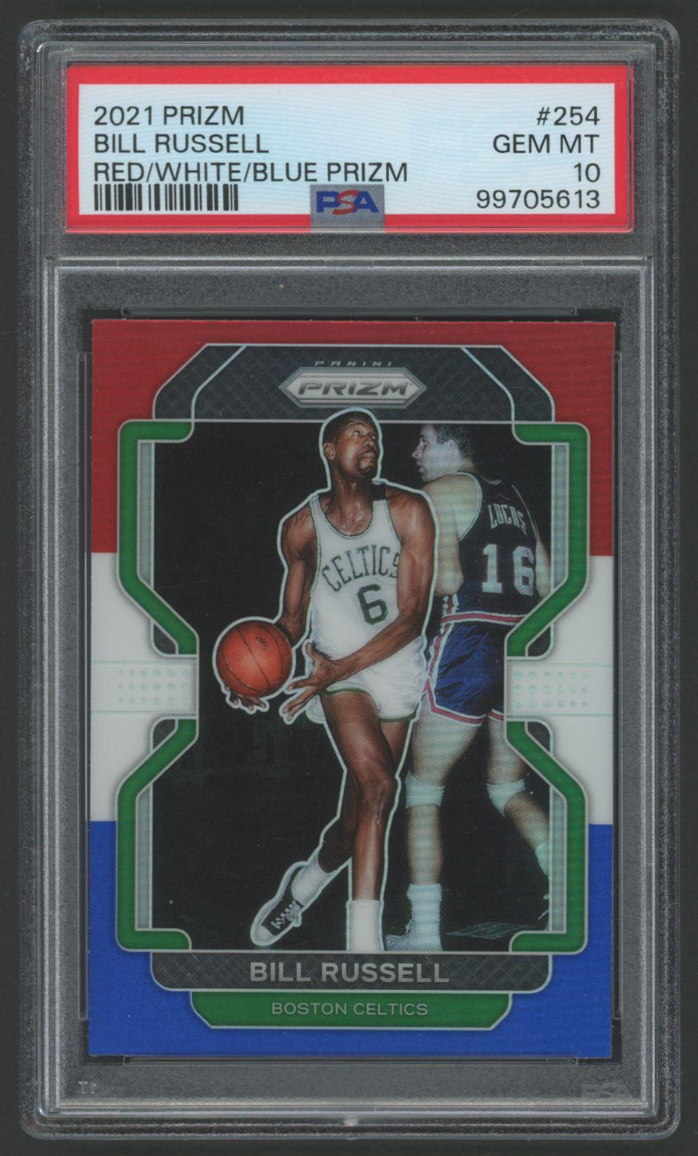 Bill Russell 2021 Panini Prizm Red/White/Blue Prizm #254 (PSA 10) at PristineAuction.com Bill Russell 2021 Panini Prizm Red/White/Blue Prizm #254 (PSA 10) at PristineAuction.com