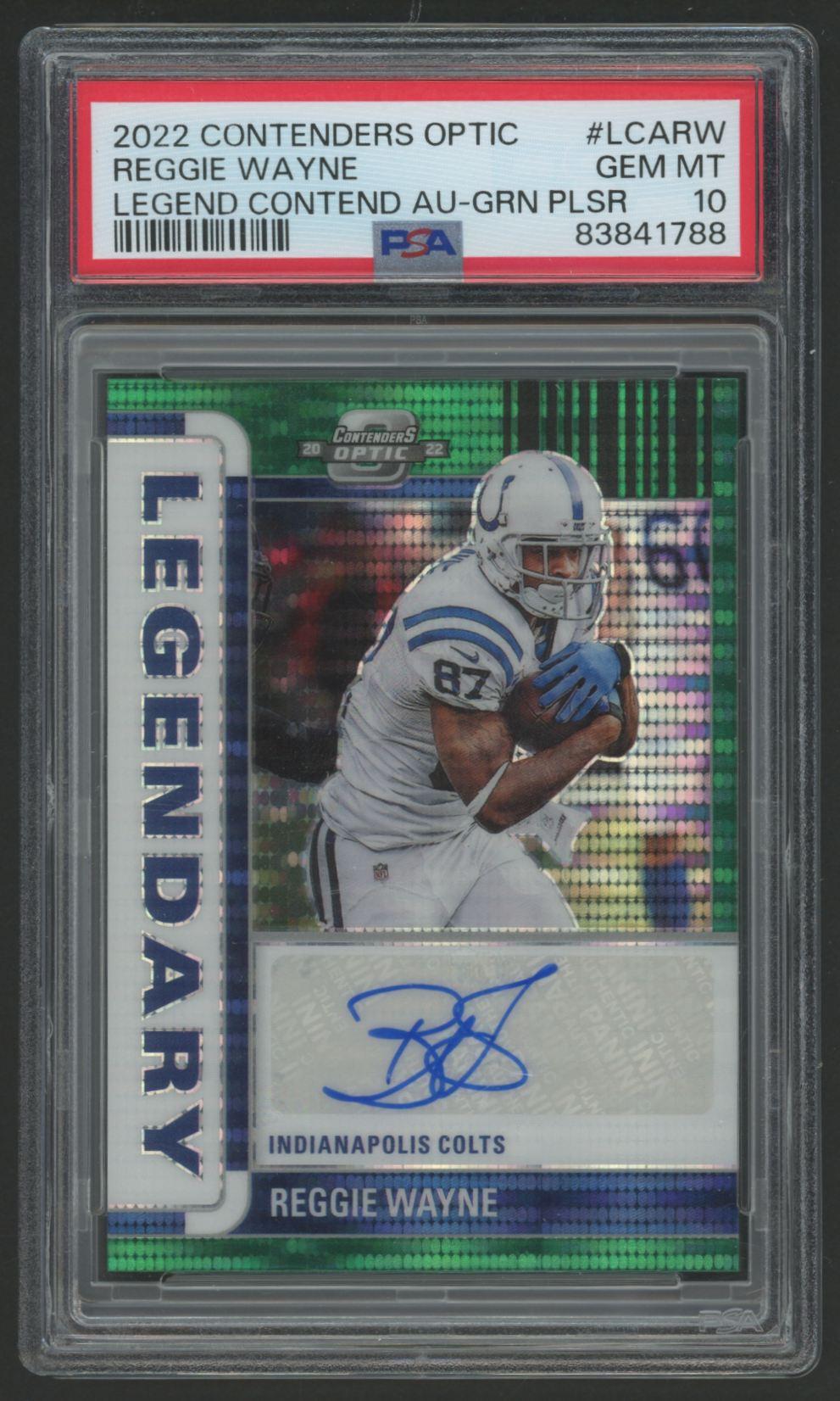 Reggie Wayne 2022 Panini Contenders Optic Legendary Contenders Autographs Green Pulsar #10 #19/25 (PSA 10) at PristineAuction.com Reggie Wayne 2022 Panini Contenders Optic Legendary Contenders Autographs Green Pulsar #10 #19/25 (PSA 10) at PristineAuction.com