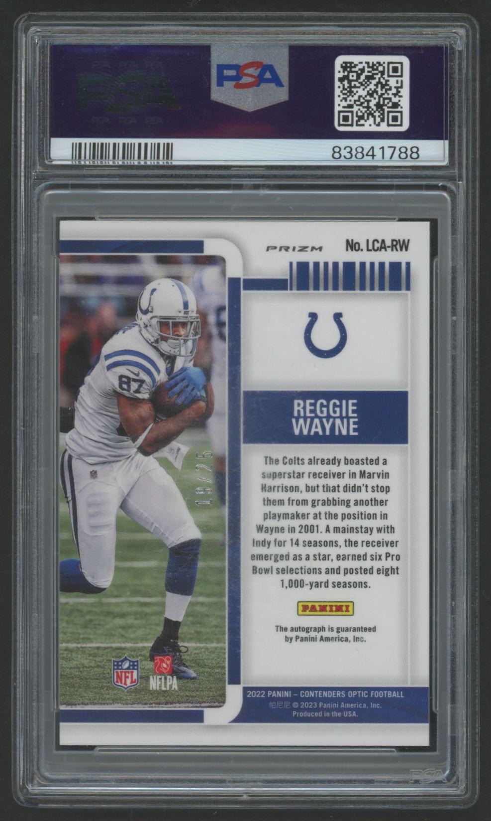 Reggie Wayne 2022 Panini Contenders Optic Legendary Contenders Autographs Green Pulsar #10 #19/25 (PSA 10) at PristineAuction.com Reggie Wayne 2022 Panini Contenders Optic Legendary Contenders Autographs Green Pulsar #10 #19/25 (PSA 10) at PristineAuction.com