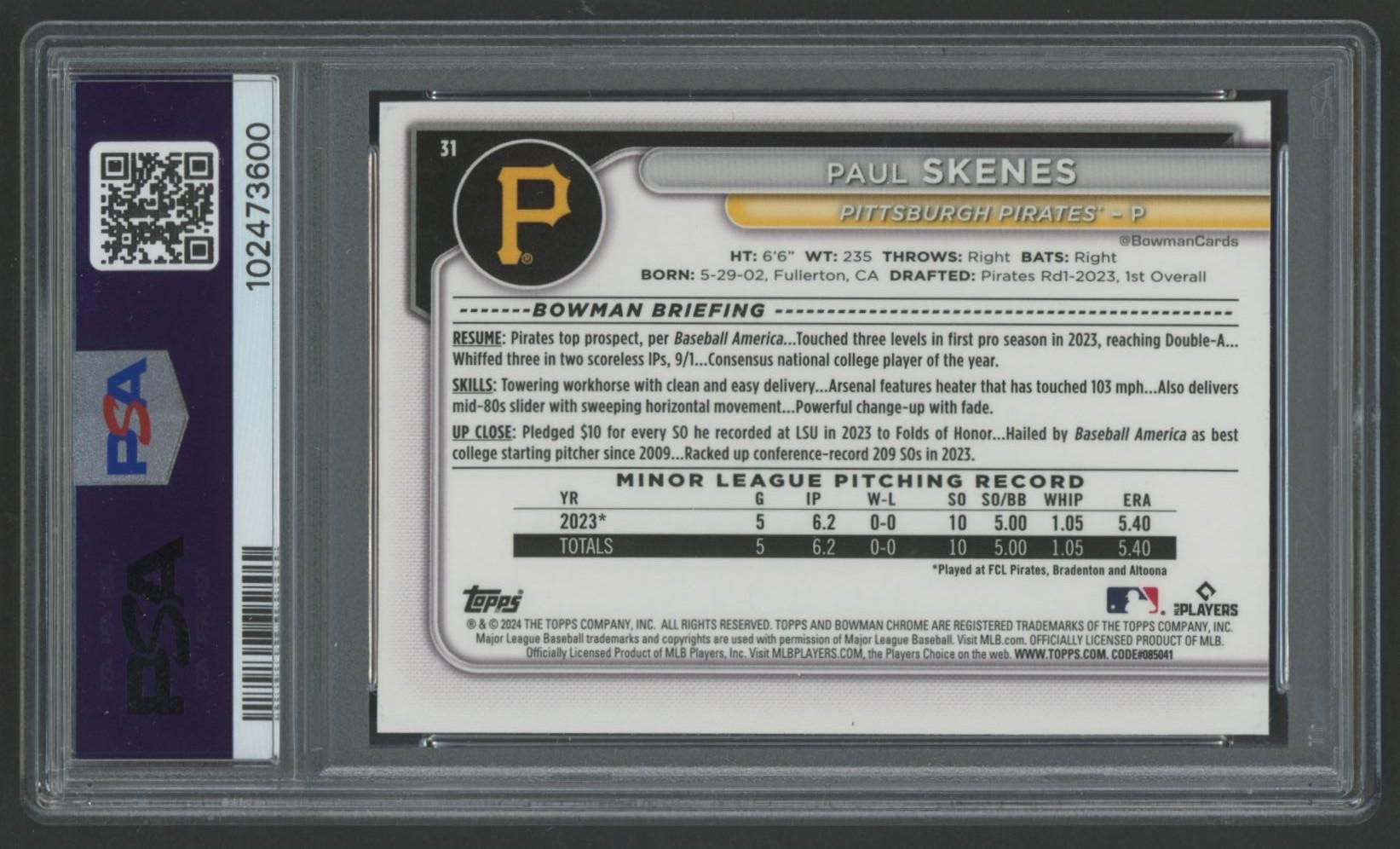 Paul Skenes 2024 Bowman Chrome #31 (PSA 10) at PristineAuction.com Paul Skenes 2024 Bowman Chrome #31 (PSA 10) at PristineAuction.com