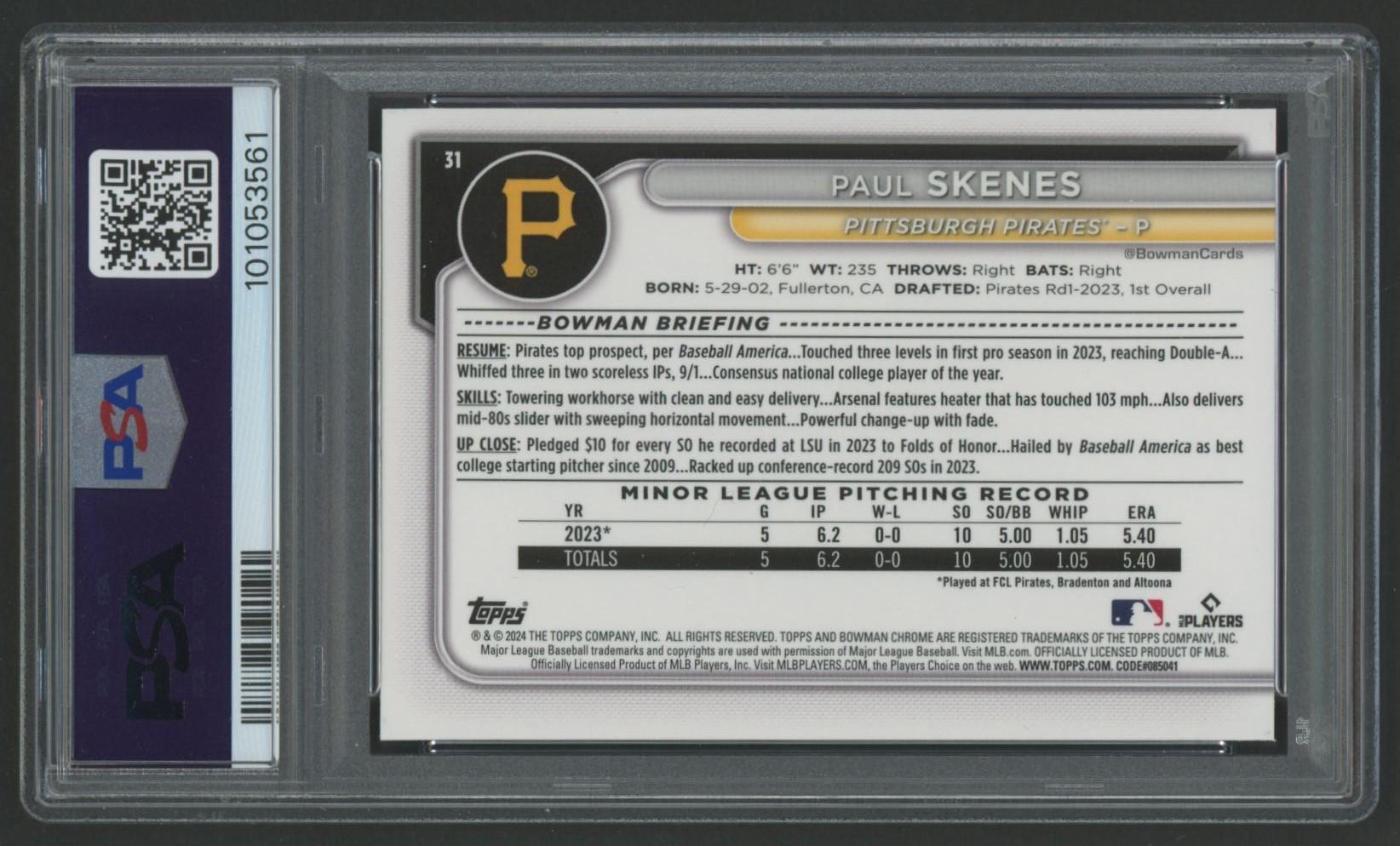 Paul Skenes 2024 Bowman Chrome #31 RC (PSA 10) at PristineAuction.com Paul Skenes 2024 Bowman Chrome #31 RC (PSA 10) at PristineAuction.com