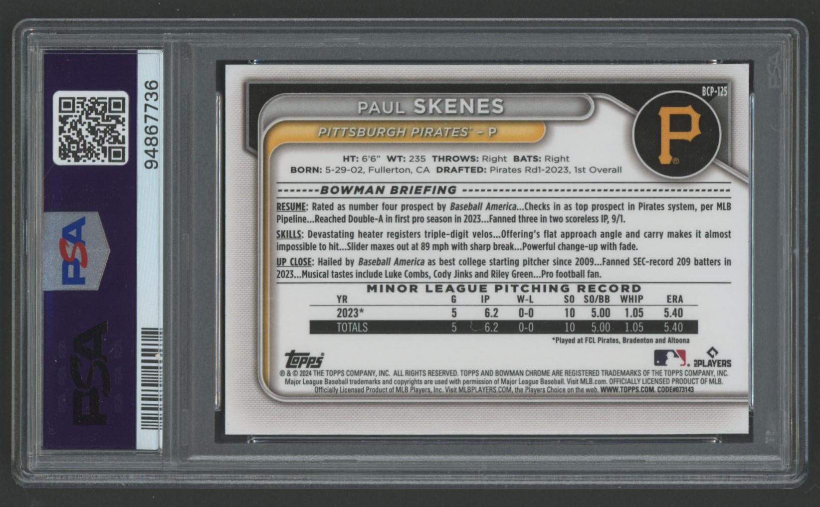 Paul Skenes 2024 Bowman Chrome Prospect #BCP125 (PSA 10) at PristineAuction.com Paul Skenes 2024 Bowman Chrome Prospect #BCP125 (PSA 10) at PristineAuction.com