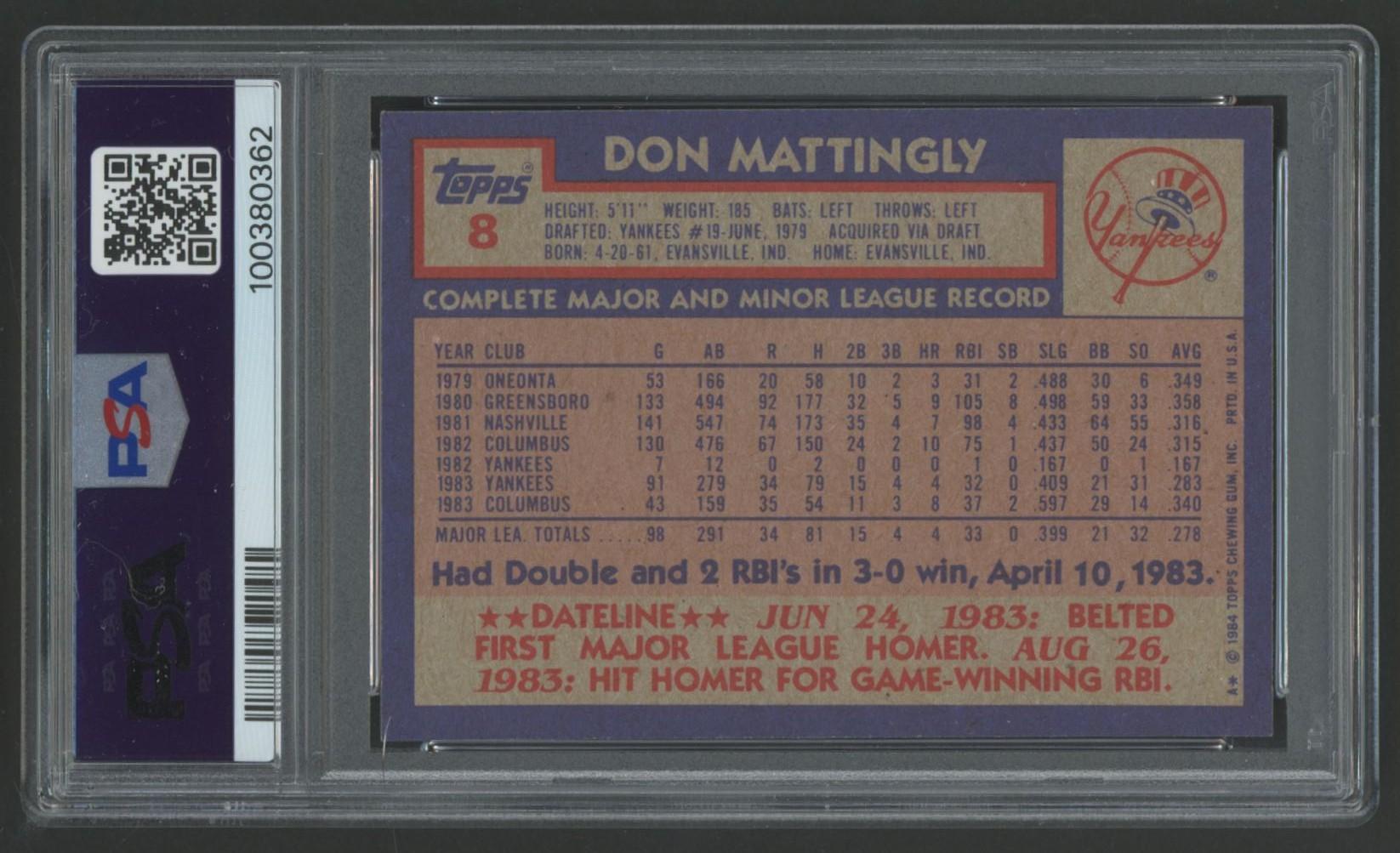 Don Mattingly 1984 Topps #8 RC (PSA 9) at PristineAuction.com Don Mattingly 1984 Topps #8 RC (PSA 9) at PristineAuction.com