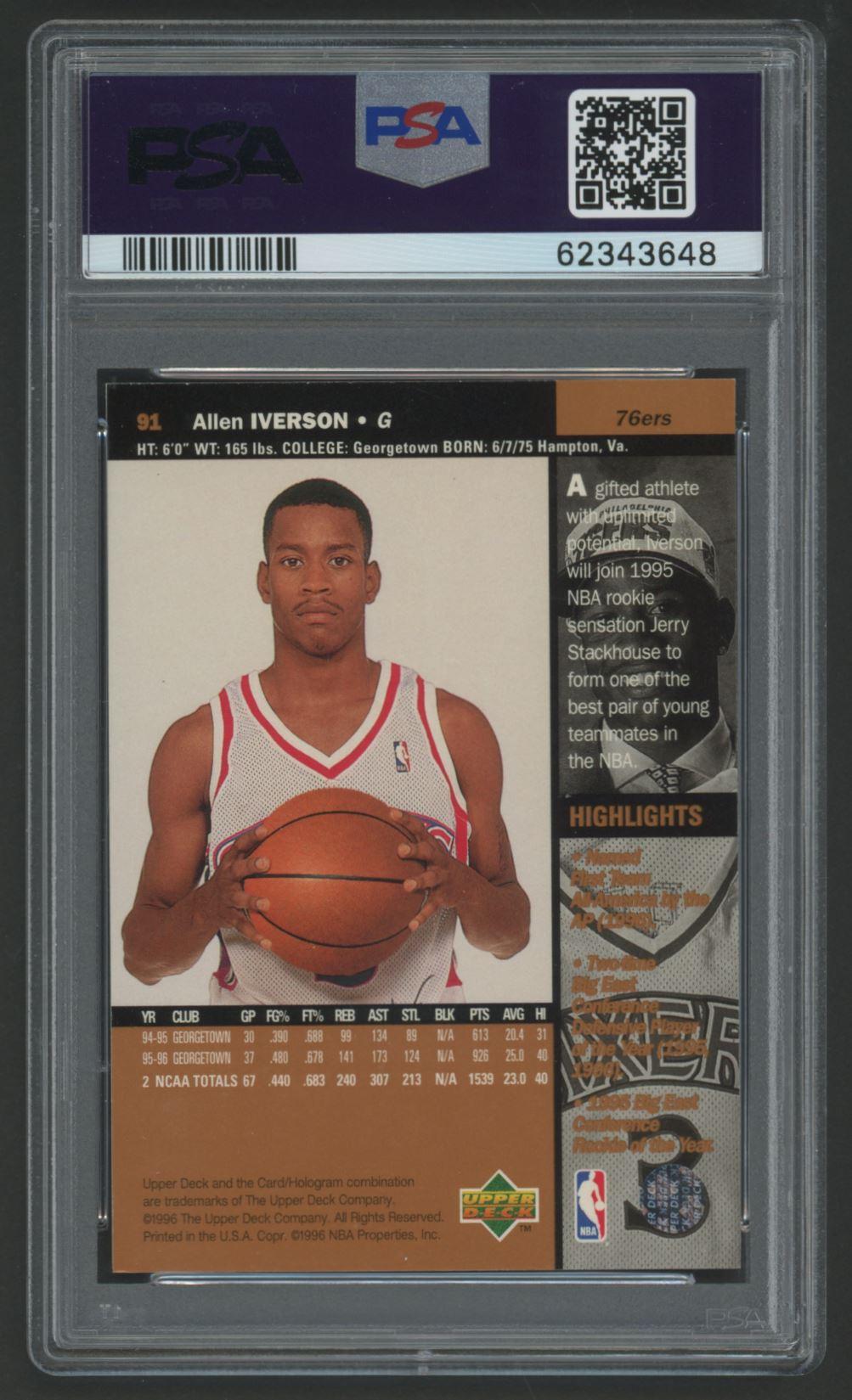 Allen Iverson 1996-97 Upper Deck #91 RC (PSA 9) at PristineAuction.com Allen Iverson 1996-97 Upper Deck #91 RC (PSA 9) at PristineAuction.com