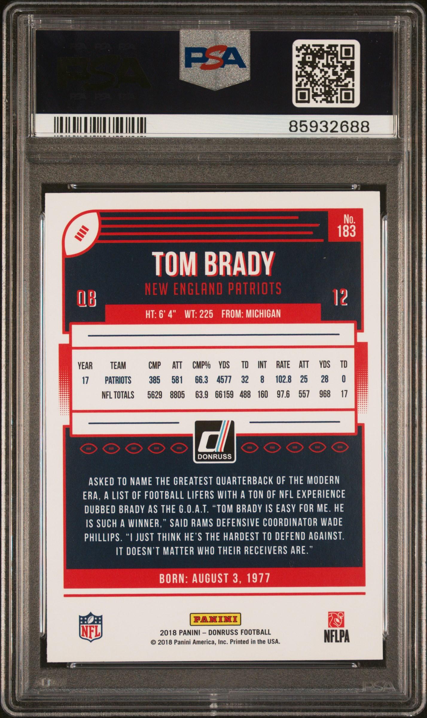 Tom Brady 2018 Panini Donruss #183 (PSA 10) at PristineAuction.com Tom Brady 2018 Panini Donruss #183 (PSA 10) at PristineAuction.com