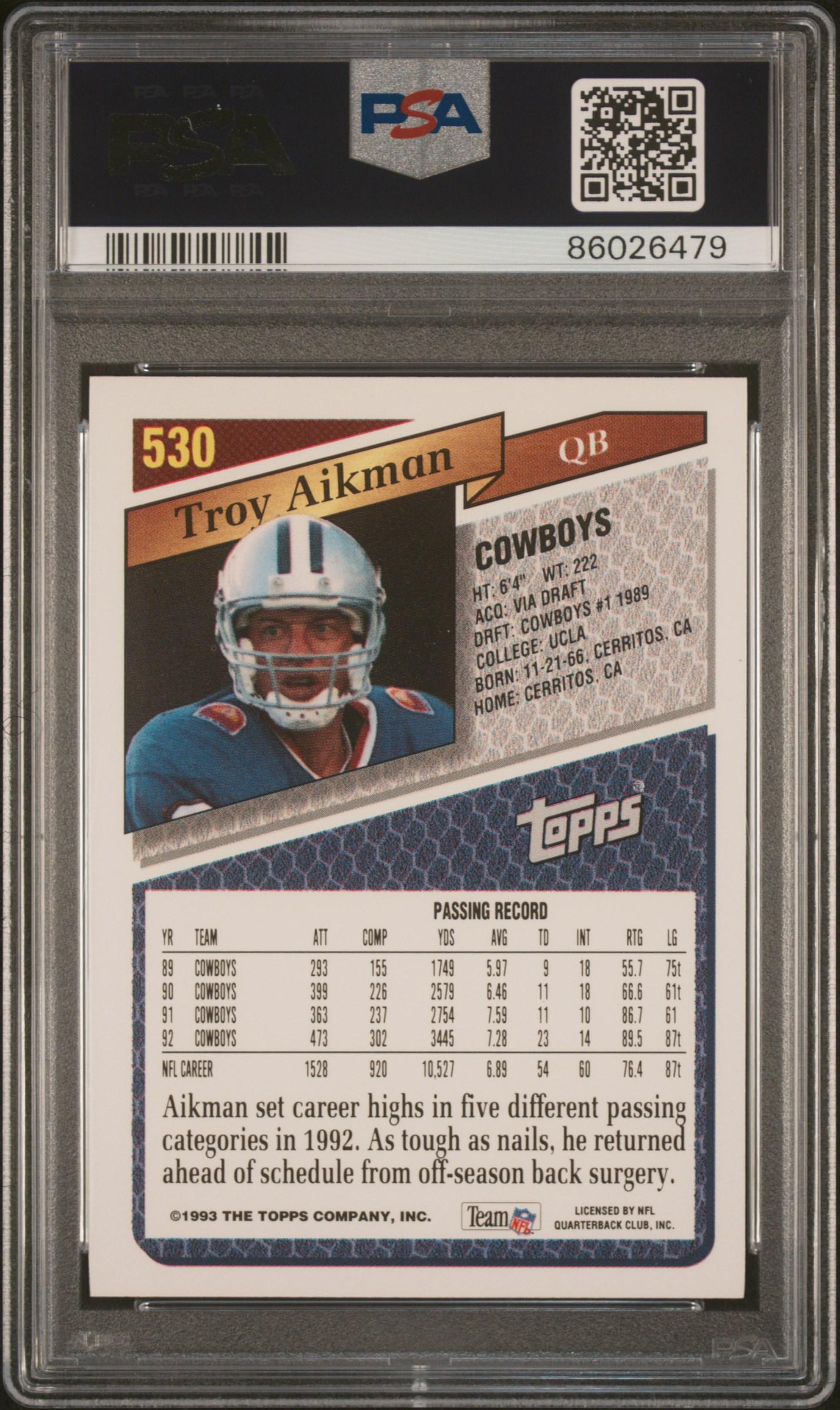 Troy Aikman 1993 Topps #530 (PSA 10) at PristineAuction.com Troy Aikman 1993 Topps #530 (PSA 10) at PristineAuction.com