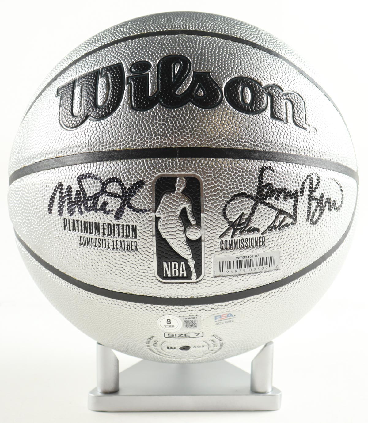 Larry Bird & Magic Johnson Signed Special Edition Platinum NBA Basketball With Display Stand (PSA & Beckett) at PristineAuction.com Larry Bird & Magic Johnson Signed Special Edition Platinum NBA Basketball With Display Stand (PSA & Beckett) at PristineAuction.com