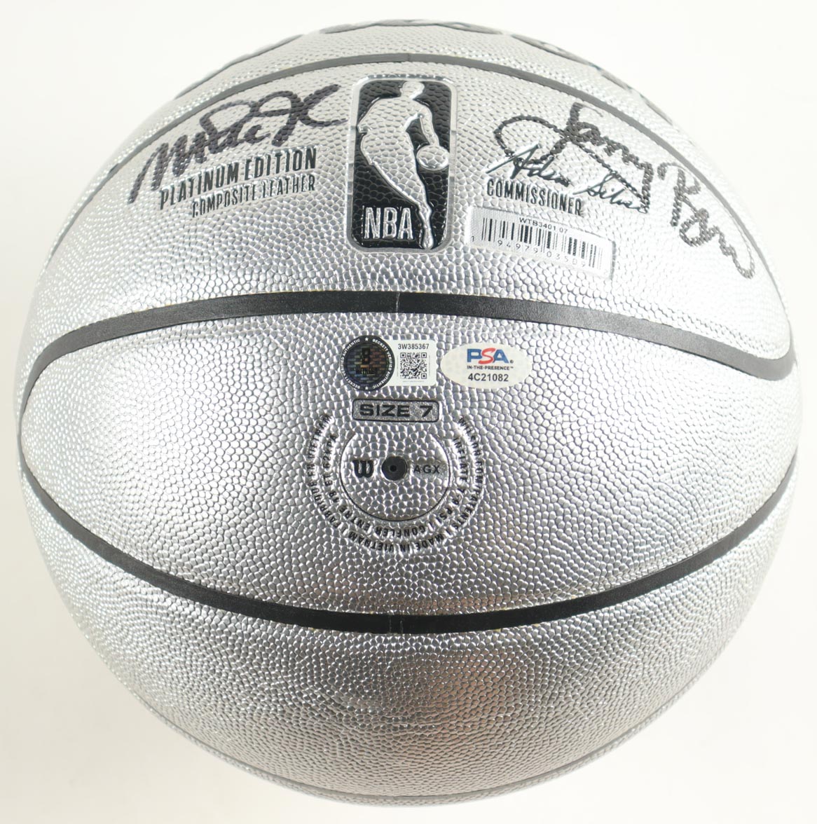 Larry Bird & Magic Johnson Signed Special Edition Platinum NBA Basketball With Display Stand (PSA & Beckett) at PristineAuction.com Larry Bird & Magic Johnson Signed Special Edition Platinum NBA Basketball With Display Stand (PSA & Beckett) at PristineAuction.com