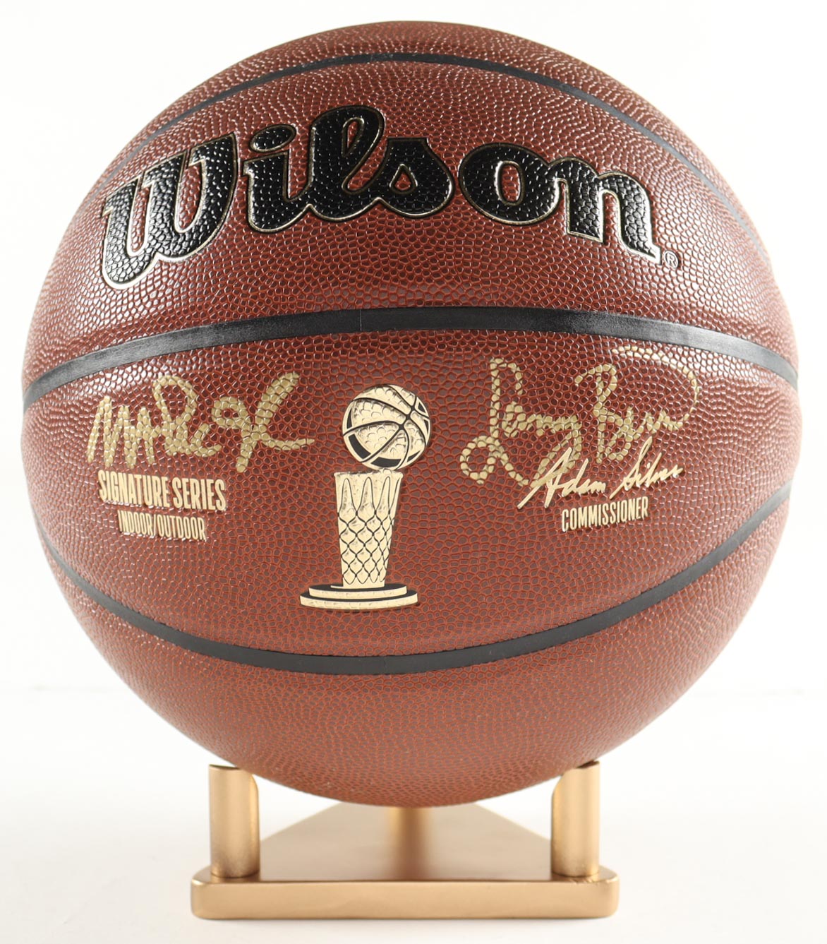 Larry Bird & Magic Johnson Signed NBA Basketball With Display Stand (PSA & Beckett) at PristineAuction.com Larry Bird & Magic Johnson Signed NBA Basketball With Display Stand (PSA & Beckett) at PristineAuction.com