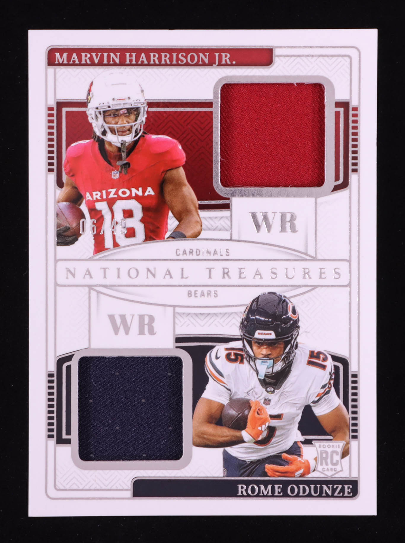 Marvin Harrison Jr. / Rome Odunze 2024 Panini National Treasures Rookie NFL Gear Combo Materials #5 RC #06/49 at PristineAuction.com Marvin Harrison Jr. / Rome Odunze 2024 Panini National Treasures Rookie NFL Gear Combo Materials #5 RC #06/49 at PristineAuction.com