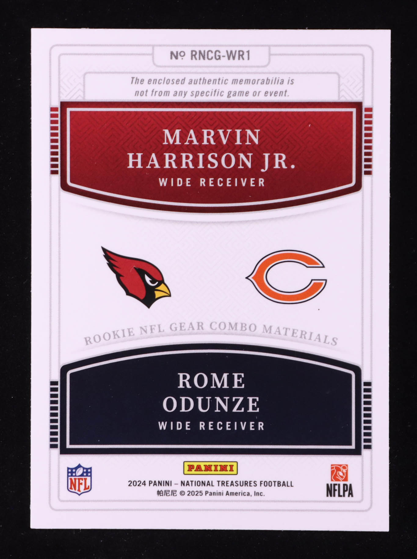 Marvin Harrison Jr. / Rome Odunze 2024 Panini National Treasures Rookie NFL Gear Combo Materials #5 RC #06/49 at PristineAuction.com Marvin Harrison Jr. / Rome Odunze 2024 Panini National Treasures Rookie NFL Gear Combo Materials #5 RC #06/49 at PristineAuction.com