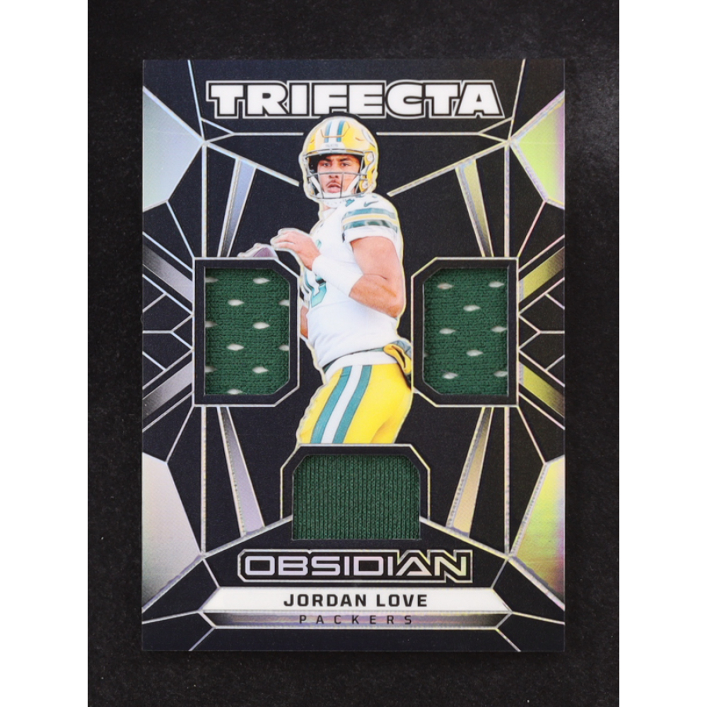 Jordan Love 2024 Panini Trifecta Triple Game Used Jersey #TS-JLE at PristineAuction.com Jordan Love 2024 Panini Trifecta Triple Game Used Jersey #TS-JLE at PristineAuction.com