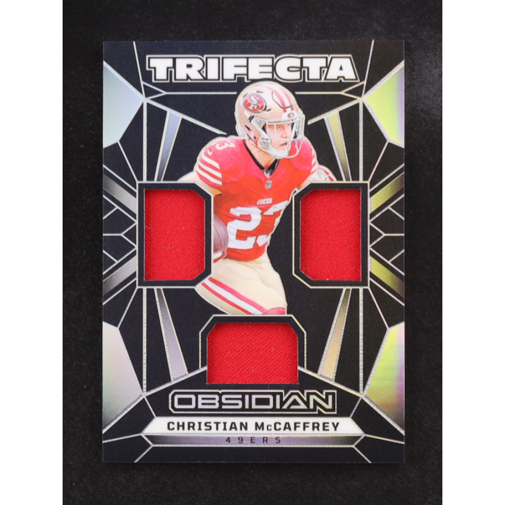 Christian McCaffrey 2024 Panini Obsidian Trifecta Triple Game Used Jersey #TS-CMY at PristineAuction.com Christian McCaffrey 2024 Panini Obsidian Trifecta Triple Game Used Jersey #TS-CMY at PristineAuction.com