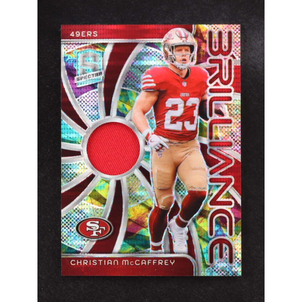 Christian McCaffrey 2024 Panini Spectra Brilliance Celestial Prizm Jersey #BRI-CMY #69/75 at PristineAuction.com