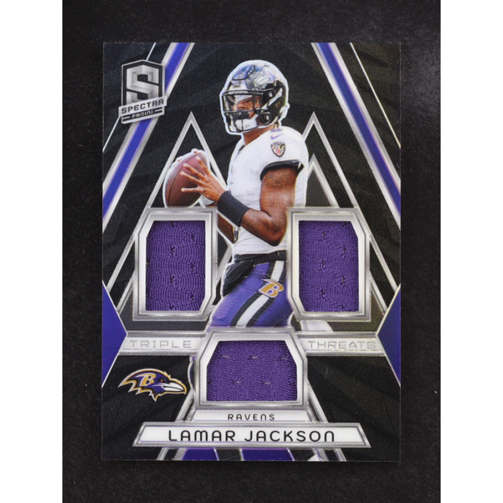 Lamar Jackson Panini Spectra Triple Threats Game Used Jersey #TT-LJN #16/99 at PristineAuction.com