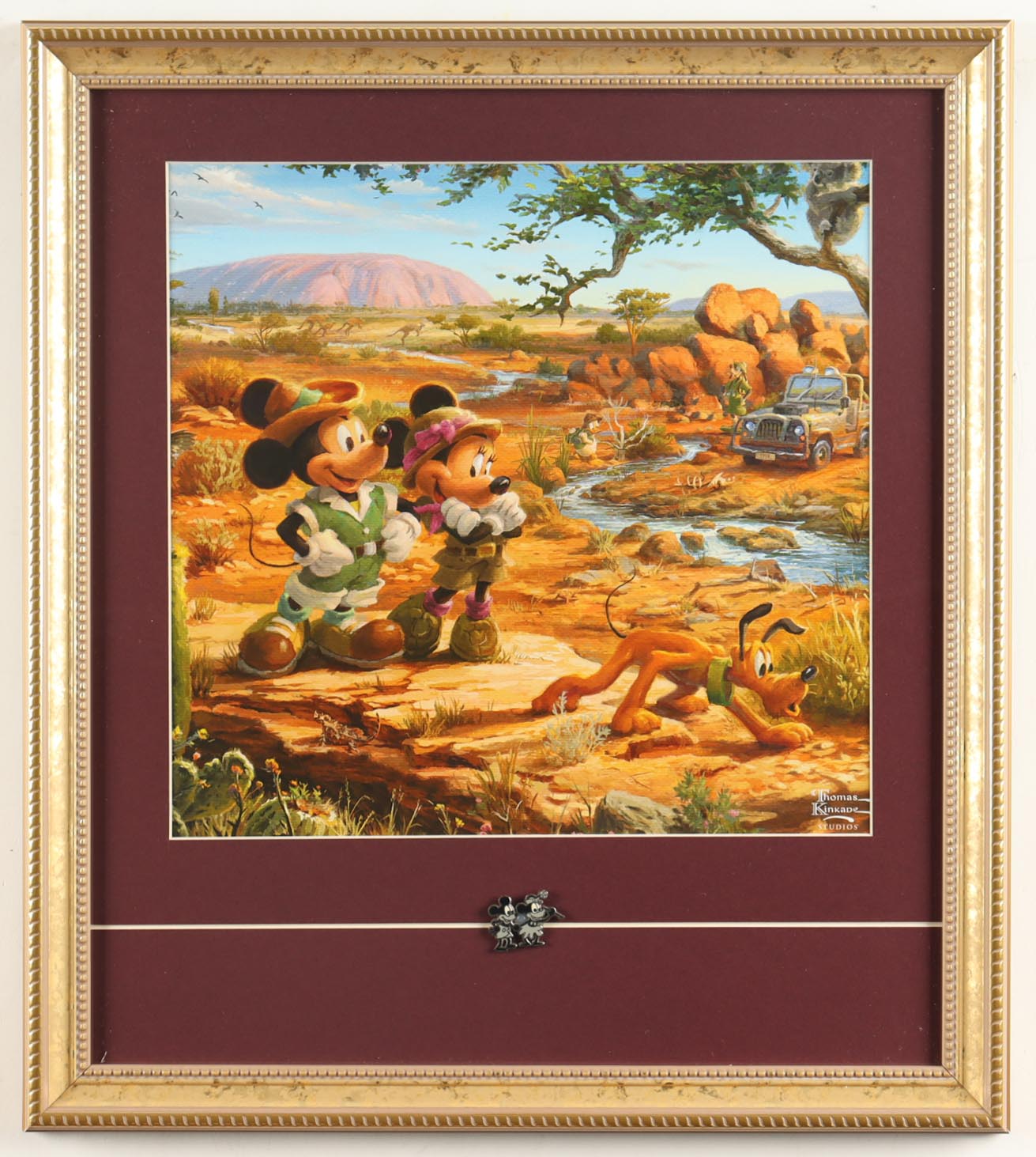 Thomas Kinkade "Mickey & Minnie on Safari" Custom Framed Print Display with Mickey & Minnie Pewter Pin at PristineAuction.com Thomas Kinkade "Mickey & Minnie on Safari" Custom Framed Print Display with Mickey & Minnie Pewter Pin at PristineAuction.com