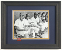 "Ernie Banks, Ron Santon & Billy Williams in The Dugout At Wrigley Field" Custom Framed Art Print Display with Wrigley Field Pin at PristineAuction.com