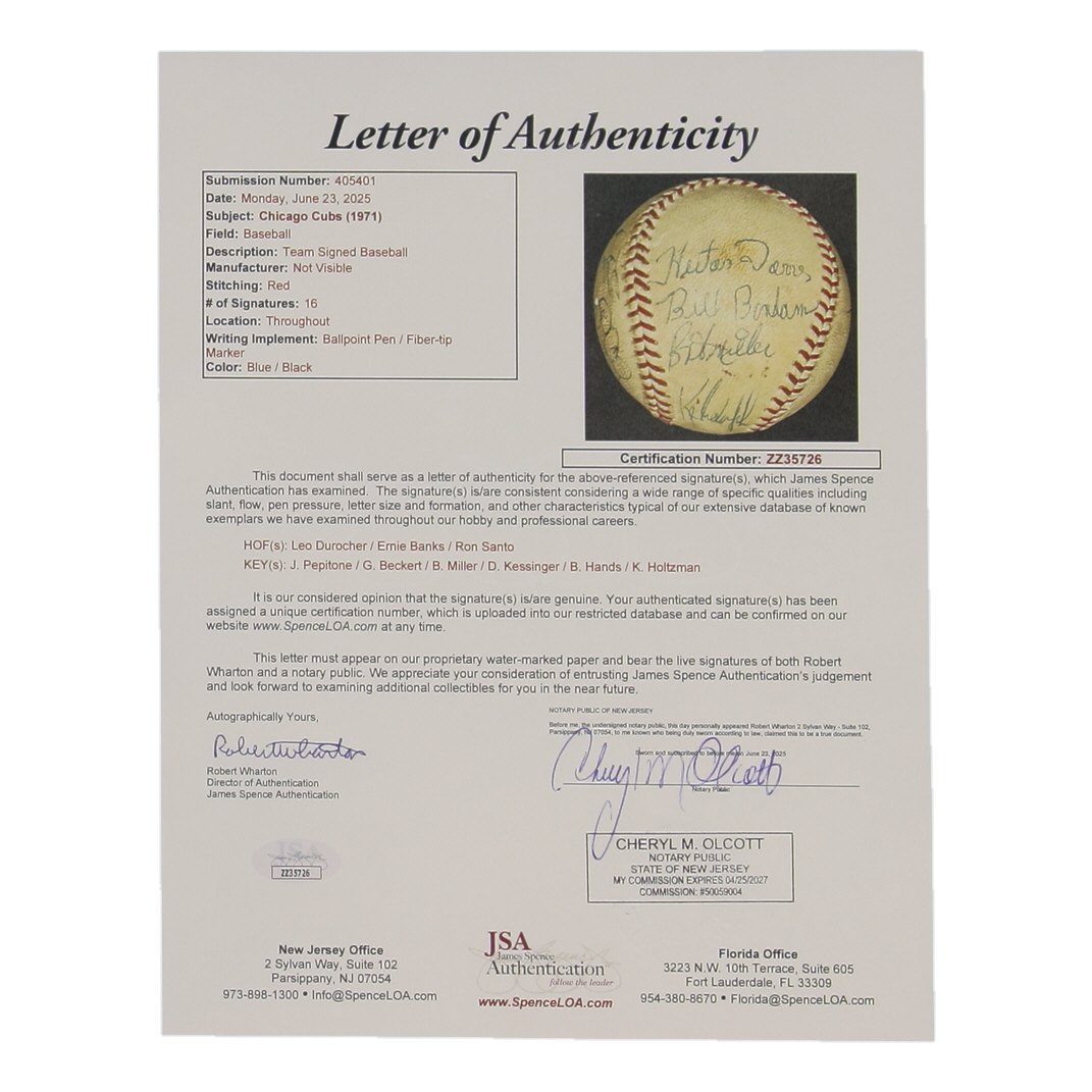 1971 Cubs Baseball Team-Signed by (16) with Leo Durocher, Ernie Banks, Ron Santo, Joe Pepitone (JSA) at PristineAuction.com 1971 Cubs Baseball Team-Signed by (16) with Leo Durocher, Ernie Banks, Ron Santo, Joe Pepitone (JSA) at PristineAuction.com