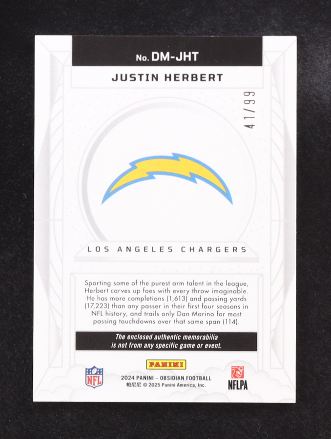 Justin Herbert 2024 Panini Obsidian Dusk Silver Jersey Relic #DM-JHT #41/99 at PristineAuction.com Justin Herbert 2024 Panini Obsidian Dusk Silver Jersey Relic #DM-JHT #41/99 at PristineAuction.com